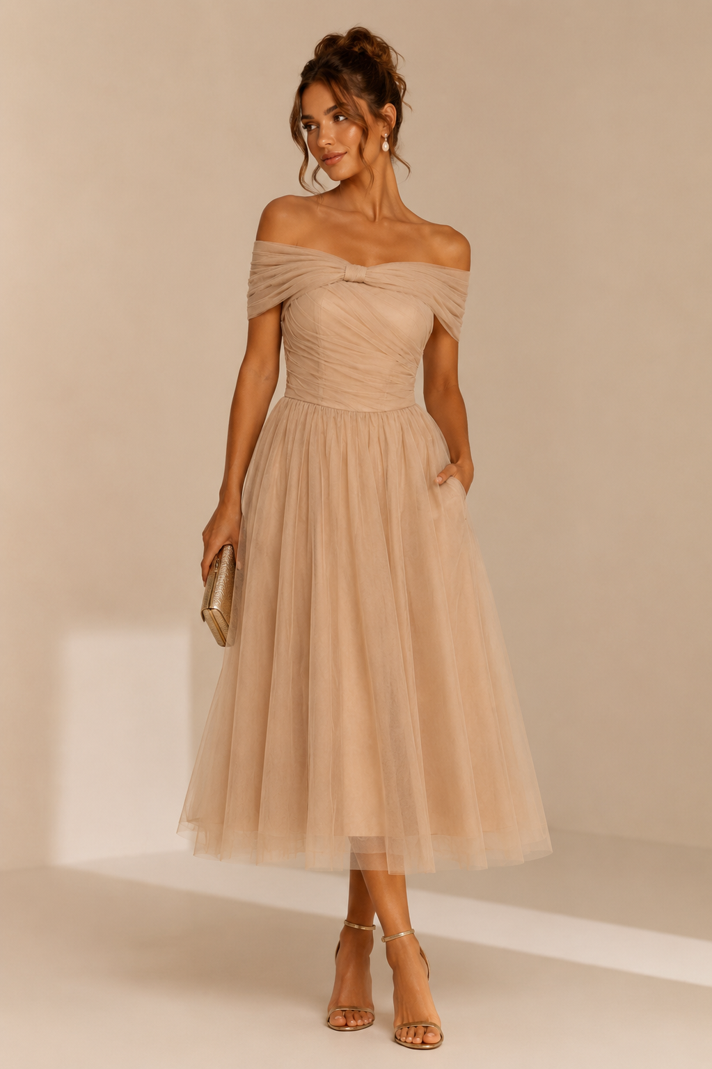 Midi Φόρεμα από Τούλι με Off-Shoulder Ντεκολτέ