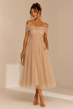 Midi Φόρεμα από Τούλι με Off-Shoulder Ντεκολτέ