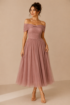 Midi Φόρεμα από Τούλι με Off-Shoulder Ντεκολτέ