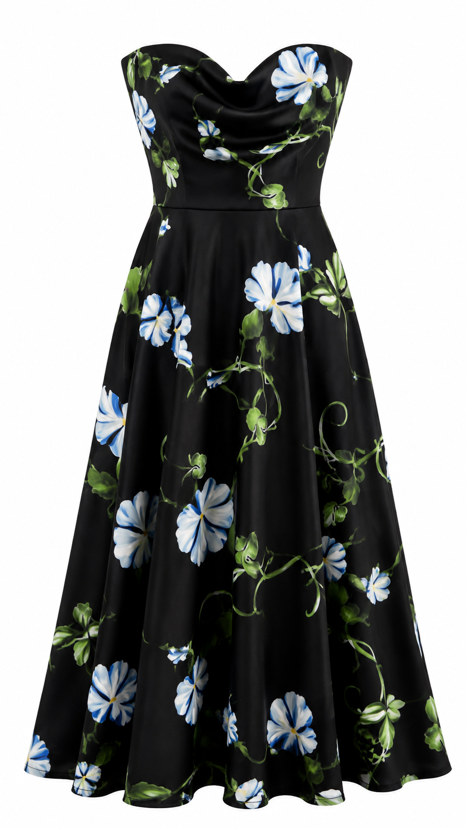 Μαύρο Floral Strapless Midi Φόρεμα
