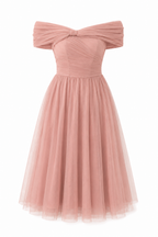 Midi Φόρεμα από Τούλι με Off-Shoulder Ντεκολτέ
