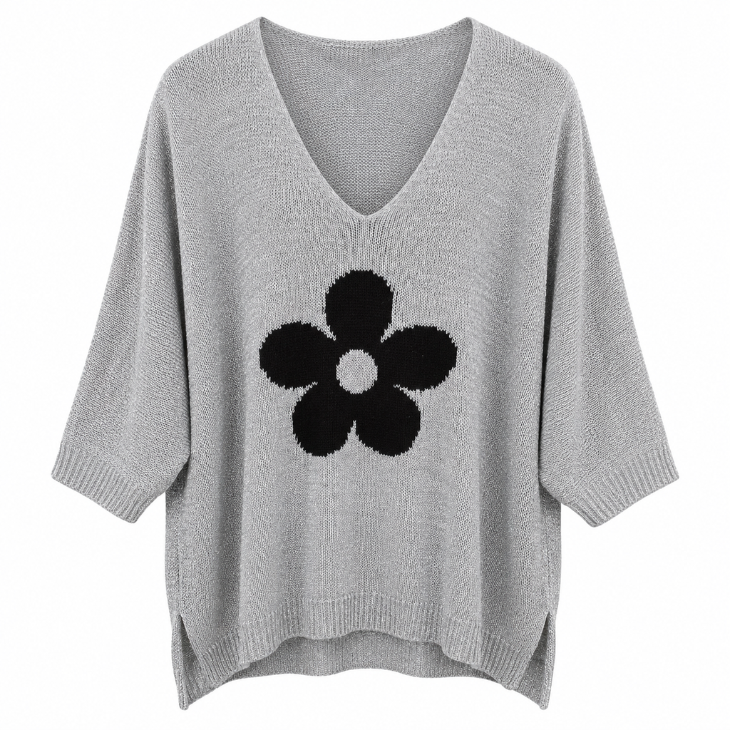 Γυναικεία Πλεκτή Μπλούζα V-Neck με Λουλούδι Plus Size