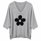 Γυναικεία Πλεκτή Μπλούζα V-Neck με Λουλούδι Plus Size