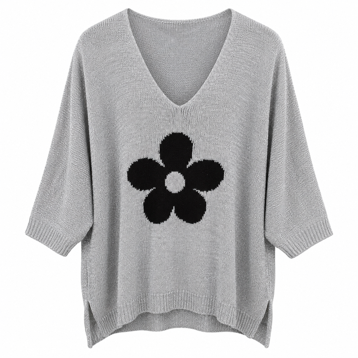 Γυναικεία Πλεκτή Μπλούζα V-Neck με Λουλούδι Plus Size