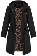 Γυναικείο Μαύρο Μακρύ Parka με Κουκούλα και Leopard Επένδυση