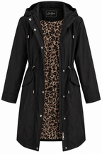Γυναικείο Μαύρο Μακρύ Parka με Κουκούλα και Leopard Επένδυση