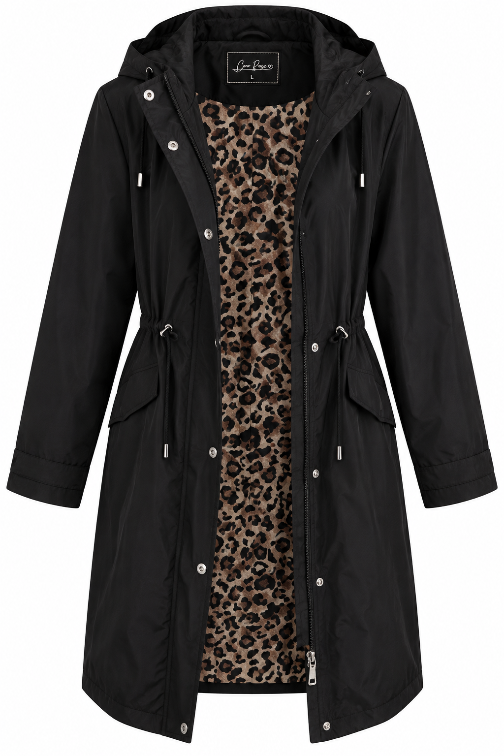 Γυναικείο Μαύρο Μακρύ Parka με Κουκούλα και Leopard Επένδυση