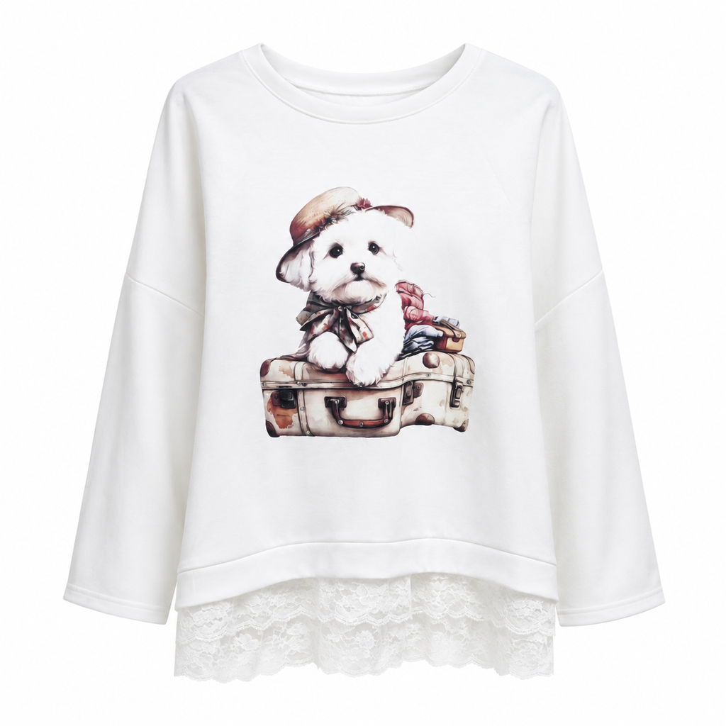 Oversized Top με Animal Graphic και Δαντέλα