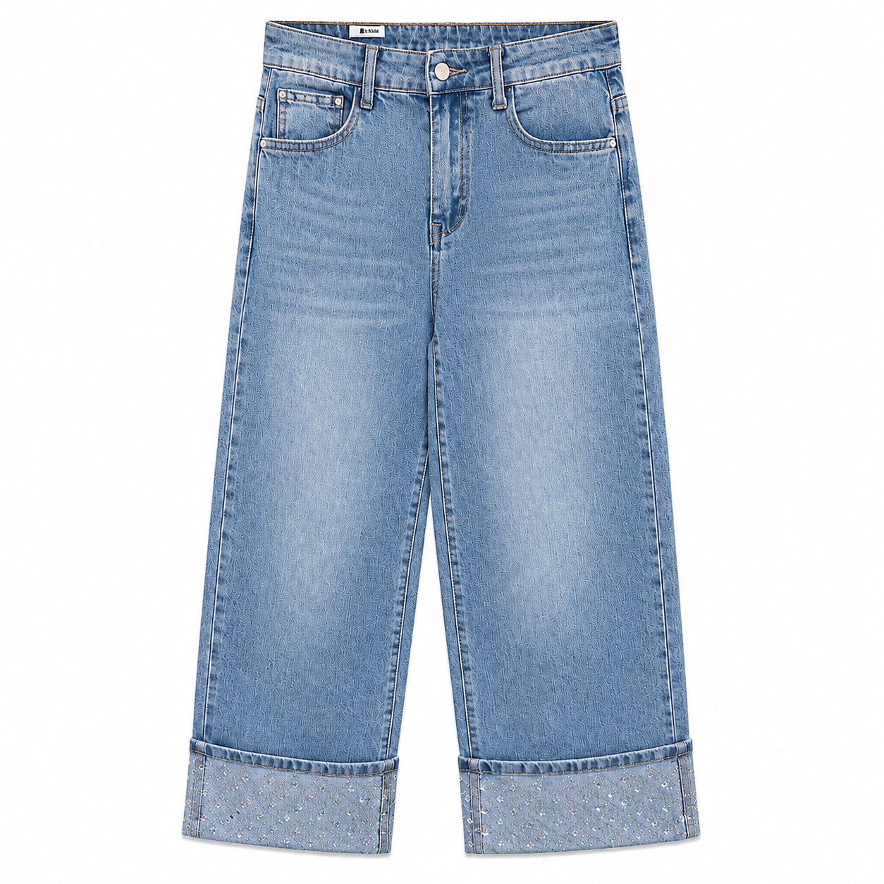 Τζιν Παντελόνι Wide Leg με Strass στο Ρεβέρ