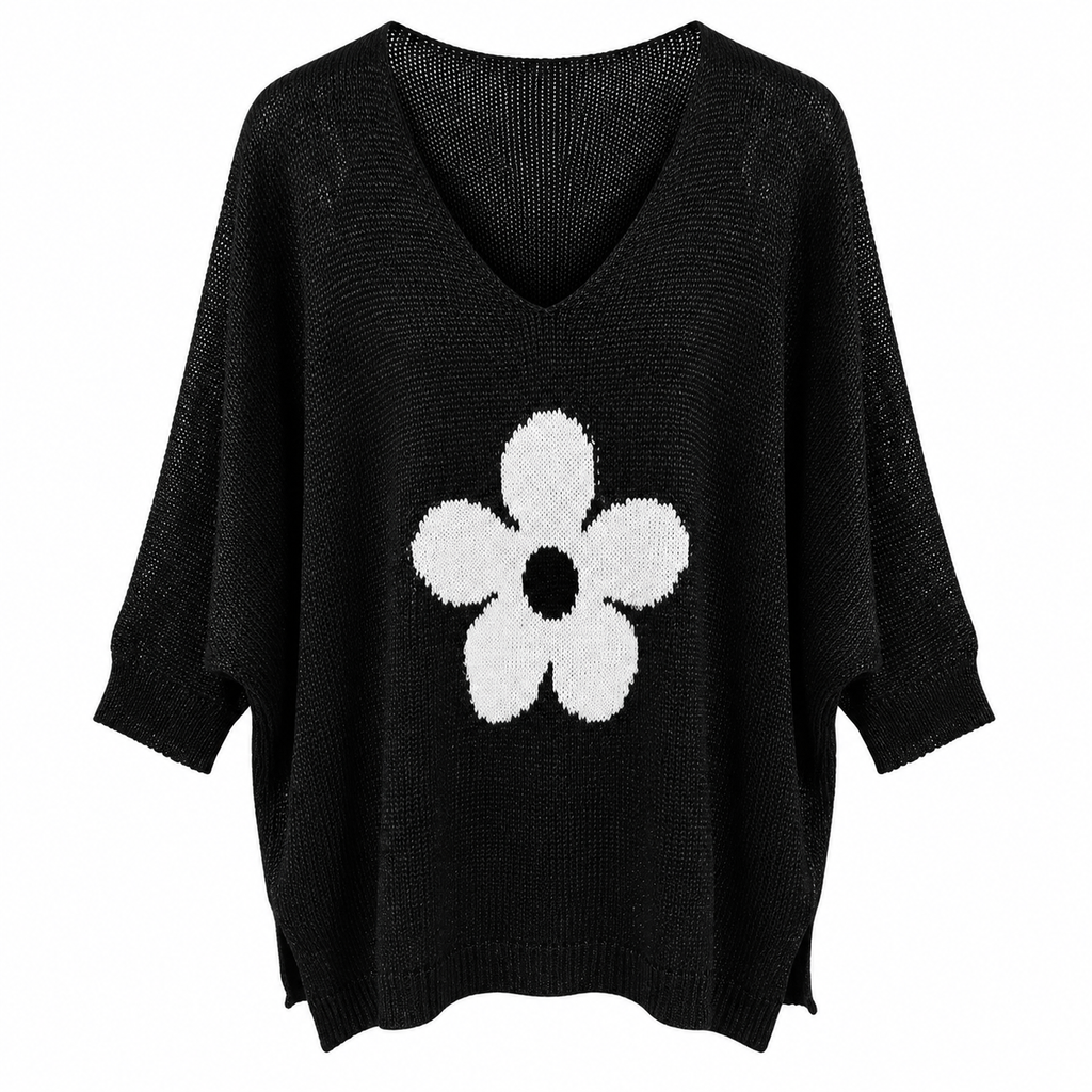 Γυναικεία Πλεκτή Μπλούζα V-Neck με Λουλούδι Plus Size