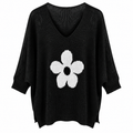 Γυναικεία Πλεκτή Μπλούζα V-Neck με Λουλούδι Plus Size