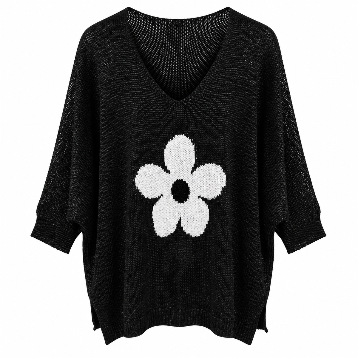 Γυναικεία Πλεκτή Μπλούζα V-Neck με Λουλούδι Plus Size
