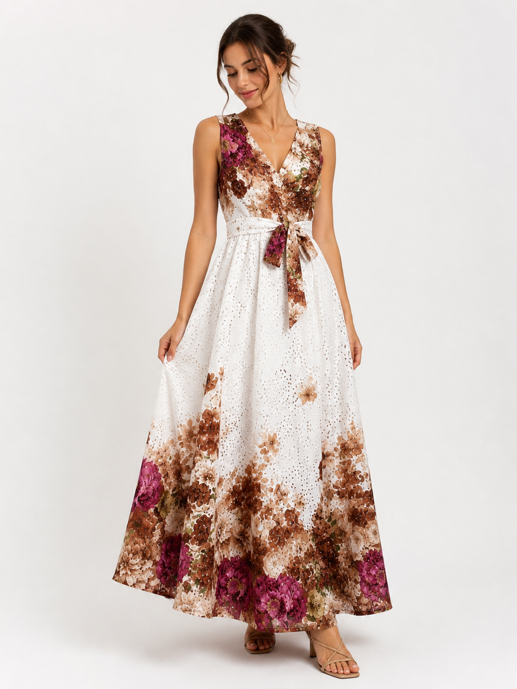 Maxi Broderie Floral Φόρεμα με Ζώνη